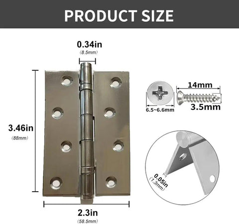 Six Pack 3.5 X 2.4 Inch 304 Stainless Steel Silver Silent Bearing Door Hinges Smooth Operator Design showing measurements and screws.