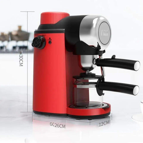 Side view of red 5 Bar High Pressure Coffee Machine with Foam Function for Smooth Lattes and Rich Espressos, compact size.