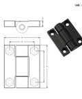 Zinc alloy square torque-damping hinge, front view, black finish, 1pc