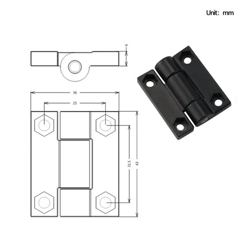 Zinc alloy square torque-damping hinge, front view, black finish, 1pc
