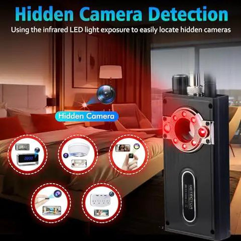 Hidden Camera Detector And Bug Detector With Magnetic Tracker in use on a bed, showcasing wireless signal finder capability.