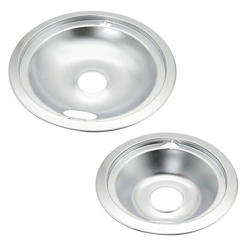 Chrome Drip Pans Replacement Kit for Electric Range showing one 6 inch and one 8 inch pan with locking slot