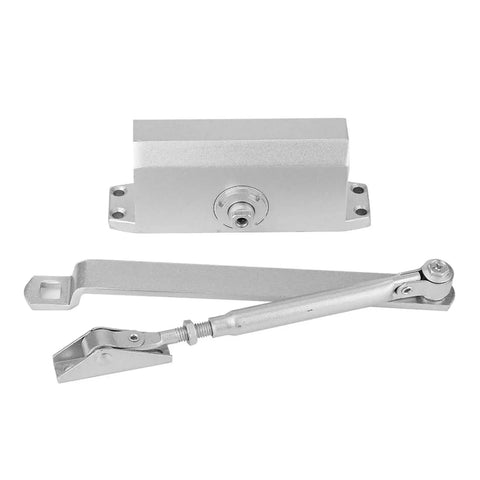 Overhead Door Closer With Hold Open Feature Adjustable 25 To 35 Kg Capacity Heavy Duty Aluminum Mount Silver Finish