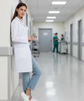 Unisex Lab Coat For Workwear With Roomy Fit That Fits Over Clothes, size Large, worn by person in medical hallway