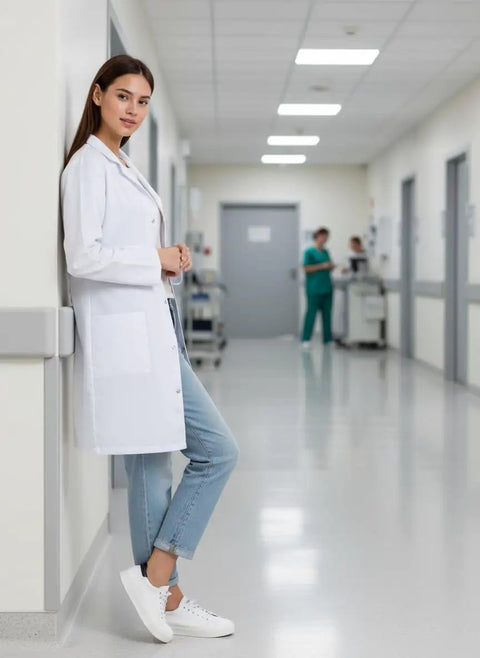 Unisex Lab Coat For Workwear With Roomy Fit That Fits Over Clothes, size Large, worn by person in medical hallway
