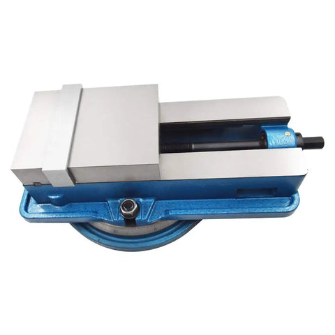 Badass Precision 6 Inch X 7.87 Inch Swivel Mill Vise showing a sturdy blue base and metallic jaws for accurate metal fabrication.