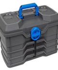 Next Gen 6 0 Large Fishing Tackle Box With 6 Pivot Trays And 32 Compartments Includes 25 Piece Starter Tackle Kit Heavy Duty Gear Storage And Lure Organizer Dark Gray with blue handle