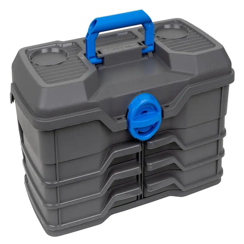Next Gen 6 0 Large Fishing Tackle Box With 6 Pivot Trays And 32 Compartments Includes 25 Piece Starter Tackle Kit Heavy Duty Gear Storage And Lure Organizer Dark Gray with blue handle