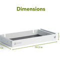 No Sweat Heavy Duty Pull Out Under Desk Drawer dimensions shown in white steel with length 19.3in, width 10in, height 2.4in.