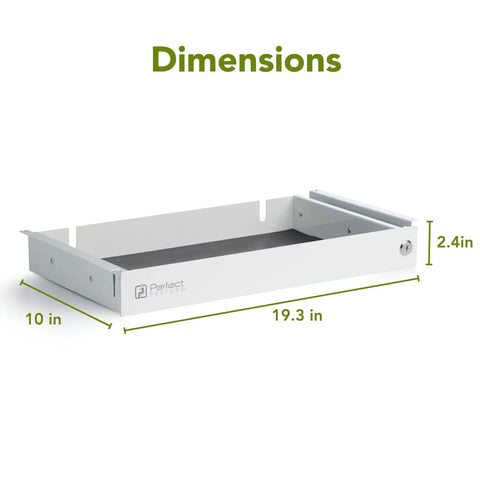 No Sweat Heavy Duty Pull Out Under Desk Drawer dimensions shown in white steel with length 19.3in, width 10in, height 2.4in.