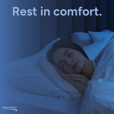 Person sleeping peacefully in a bed with white linens, text overlay says 'Rest in comfort.'