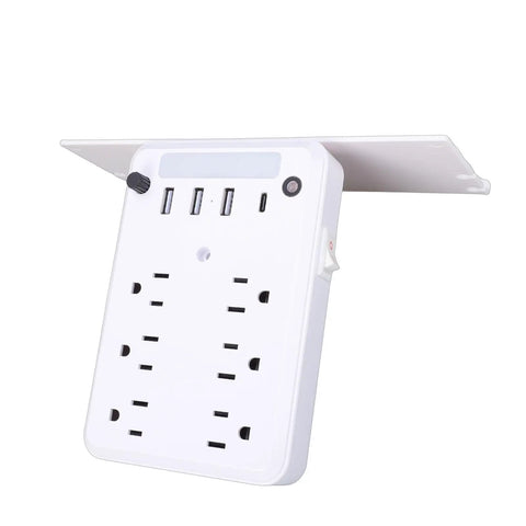 Smart Wall Outlet Extender With Six Power Receptacles And Four USB Ports Including Type C Charging Built In Storage Shelf Dimmable Night Light view of white power strip with USB ports