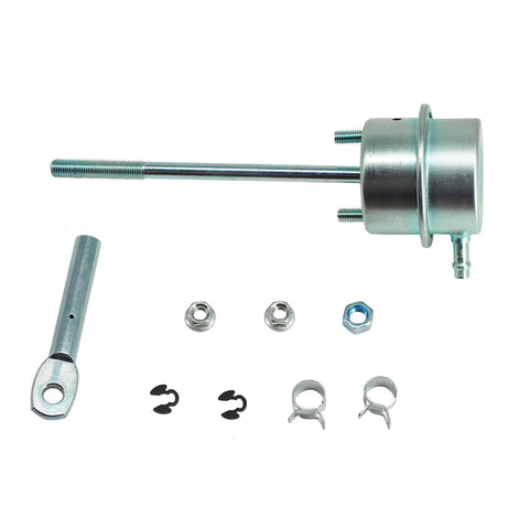 Front view of turbo wastegate vacuum actuator kit with long rod, mounting flange, nuts, and clips