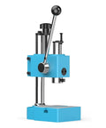 Heavy-Duty Cast Iron Arbor Press Rock Solid Half-Ton Manual Stamping Vise With Spring Loaded Handle angled view, blue finish, for metal work.
