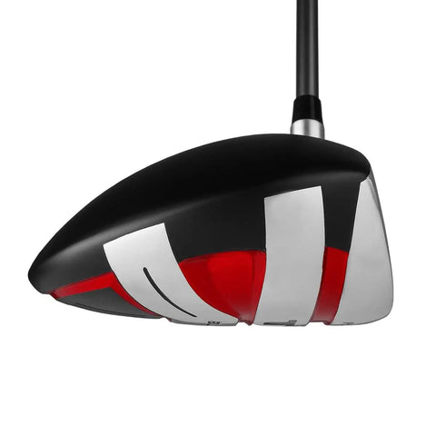 TPS Blackout Max Lefty Driver With 460cc Forgiving Head, red black design shown from sole view, lightweight graphite shaft