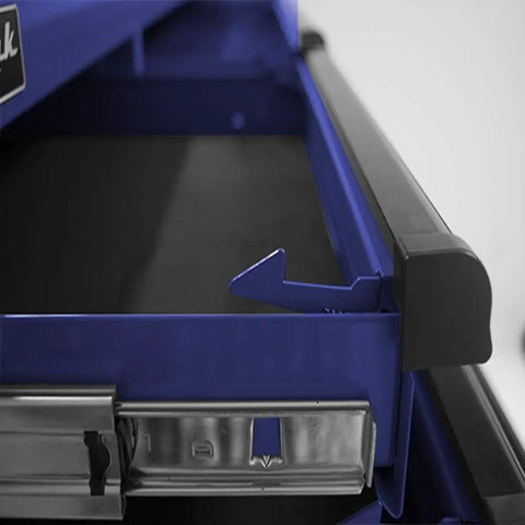 Close-up of drawer mechanism on Pro II Series 54 Inch 10 Drawer Roller Cabinet in Blue with heavy duty ball bearing slides