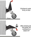 Heavy Duty Retractable Workbench Caster Wheels 2 Piece Set showing workbench lifted 3/4" after pressing foot pedal leveler.