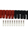 Five Pair Badass Tinned Copper Power Connectors 45A 600V Quick Disconnect Red And Black Terminals Wire Gauge 12 To 20 arranged side by side.