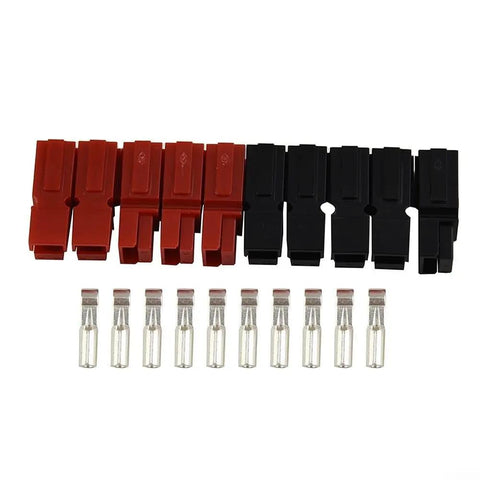 Five Pair Badass Tinned Copper Power Connectors 45A 600V Quick Disconnect Red And Black Terminals Wire Gauge 12 To 20 arranged side by side.