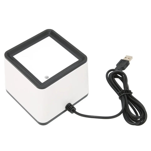 Portable Hands Free Barcode Scanner For Mobile Payments with white ABS build and USB cable for 1D and 2D decoding.