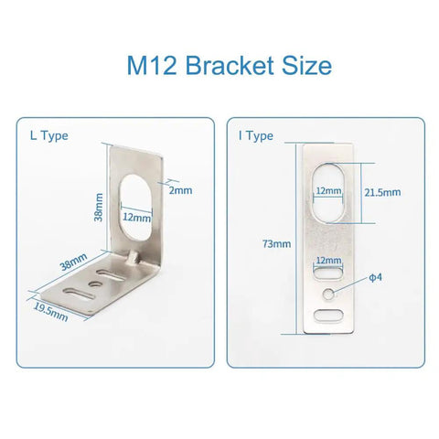 M12 iron L-shaped and I-type mounting bracket set for photoelectric switch, part of 10 pack for heavy duty jobs, silver finish.