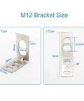 M12 L and I Type iron mounting brackets for photoelectric switch and inductive proximity sensor, heavy duty, silver finish, dimensions shown