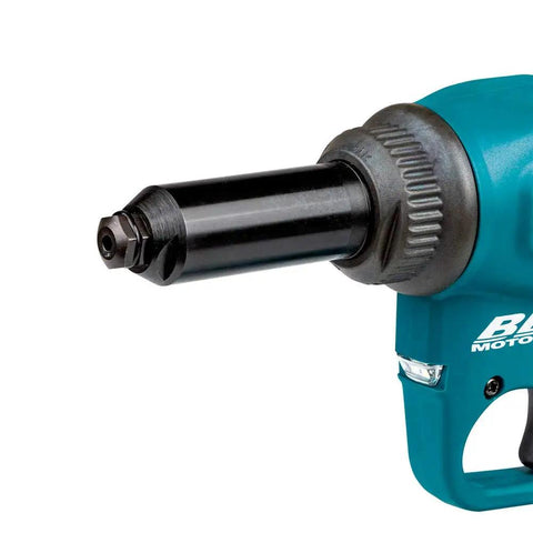 Heavy Duty Cordless Rivet Tool Featuring Brushless Motor And 10KN Pulling Force Cracks Steel Aluminum Rivets Up To 3 16 Inches close-up view of rivet nozzle and handle.