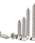 304 Stainless Steel Cross Recessed Countersunk Flat Head Self Tapping Wood Screws Set with flush mount in various sizes