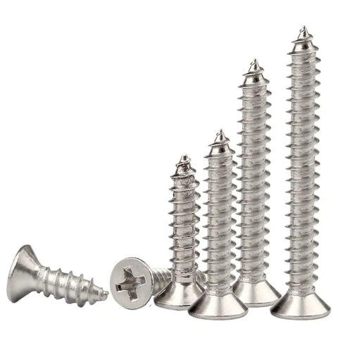 304 Stainless Steel Cross Recessed Countersunk Flat Head Self Tapping Wood Screws Set with flush mount in various sizes