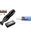 Pro Grade Torque Screwdriver With One Quarter Inch Drive Precise 10 To 70 Inch Pounds Adjustable Torque Laser Calibrated For Tightening And Loosening Small Screws Includes Threadlocker Tube, shown with bits and case.