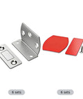 No Drill L-Shape Cabinet Catch Metal Gripping Door Hardware With Super Strong Adhesive Ultra Thin Fits Drawers Wardrobe Furniture Easy Install Holds Tight Without Damage, 6 sets of metal catches and adhesive pads.