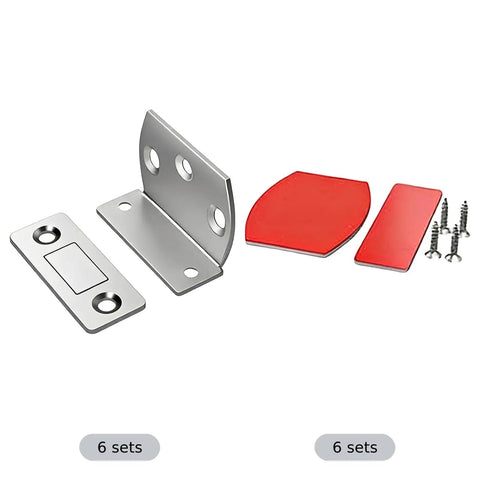No Drill L-Shape Cabinet Catch Metal Gripping Door Hardware With Super Strong Adhesive Ultra Thin Fits Drawers Wardrobe Furniture Easy Install Holds Tight Without Damage, 6 sets of metal catches and adhesive pads.