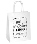 White Kraft Custom Printed Paper Bags With Twisted Handles And Square Bottom Stand Up For Shopping Gifts Parties Merchandise And Trade Shows Single Color Artwork Ready 8 By 4.75 By 10.5 Inches 500 Pack