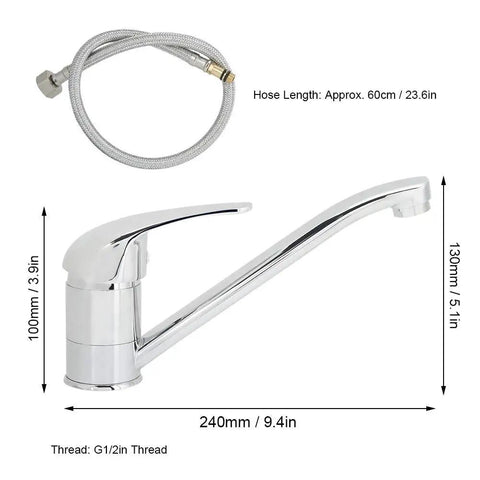 Maqulae Copper Kitchen Faucet with G1/2in Thread, Hot and Cold Water Sink shown with dimensions and hose length for installation.