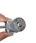 Close-up of 12V DC Worm Gear Motor With Dual Output Shafts Dope Torque in hand, showcasing metal casing and dual shafts