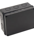 Front view of black ABS plastic IP65 waterproof junction box, 150x110x70mm with three top knockouts.