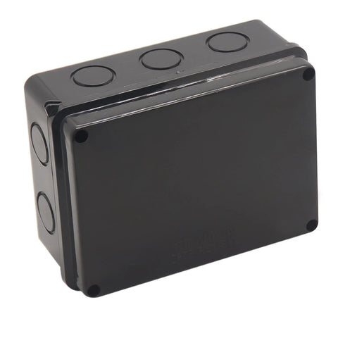 Front view of black ABS plastic IP65 waterproof junction box, 150x110x70mm with three top knockouts.