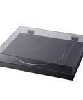 Sony PS-LX310BT Belt Drive Turntable Fully Automatic Wireless Vinyl Record Player with Bluetooth Connectivity USB Output Two Speeds 33 And 45 RPM Easy One Step Operation Built In Phono Preamp For High Quality Audio Playback with clear lid on.