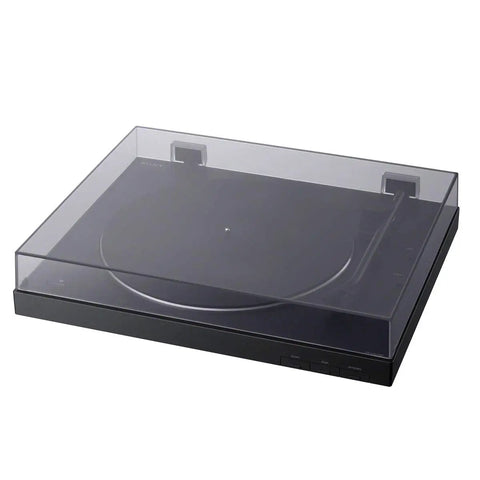 Sony PS-LX310BT Belt Drive Turntable Fully Automatic Wireless Vinyl Record Player with Bluetooth Connectivity USB Output Two Speeds 33 And 45 RPM Easy One Step Operation Built In Phono Preamp For High Quality Audio Playback with clear lid on.