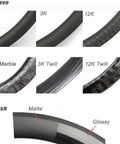 Carbon Fiber 700C Road Wheelset Rim Brake showing various finishes: UD, 3K, 12K, and textures: Matte, Glossy. Compatible with Shimano Campagnolo