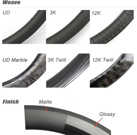 Carbon Fiber 700C Road Wheelset Rim Brake showing various finishes: UD, 3K, 12K, and textures: Matte, Glossy. Compatible with Shimano Campagnolo