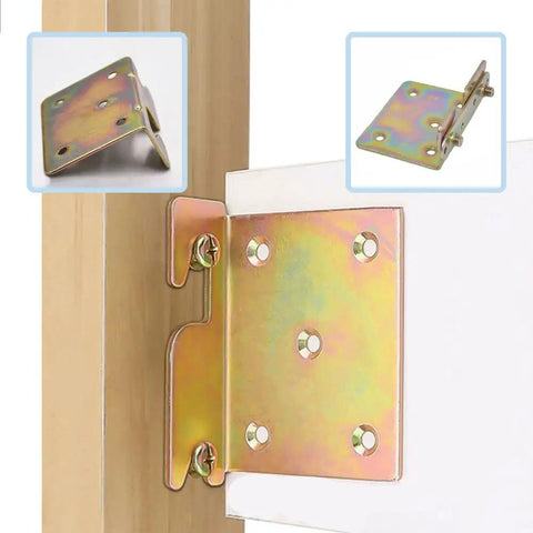 Heavy Duty Bed Rail Brackets With Mounting Hardware, Non Mortise Double Hook Slot Bed Frame Connectors, Built Tough iron bracket detail on wood.
