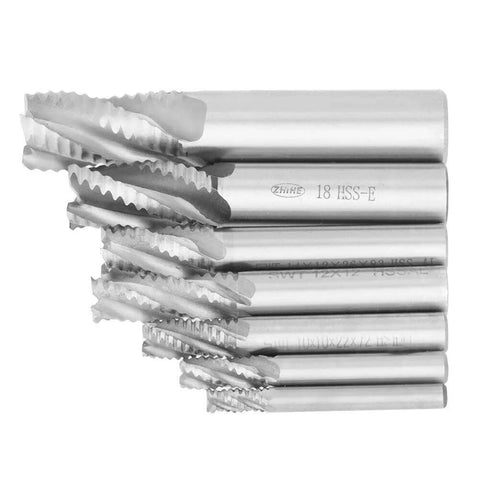 7-piece set of HSS roughing end mills with 4 flutes for CNC milling, M6-M20 sizes.