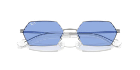 Hexagonal Silver Sunglasses With Blue Bio-Nylon Lenses, 58 Mm, Eco-Friendly Frame Made From Castor Oil, 100 Percent UV Protection
