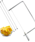Heavy Duty Block Cheese Slicer Replacement Kit With Six Inch Stainless Steel Blades Brass Enhanced Handle Four Piece Set with wires and cheese cubes.