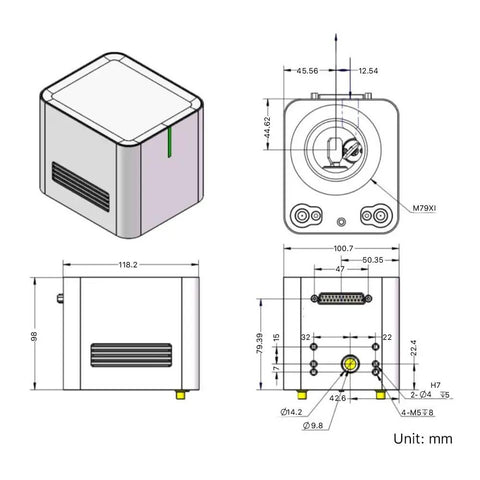 Technical diagram of Fiber Galvo Scanner With Red Light Focus For 1064nm Marking Machine, High Speed Marking At 2000 Millimeters Per Second, 10mm Input Aperture, M102 Model, showing dimensions and specifications.