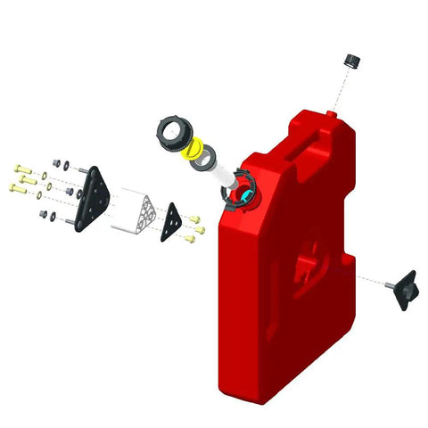 Exploded view of Spare Tire Mount Water Storage Tank Portable For All Vehicles 1 Gal Rugged PE Plastic UV Proof and Impact Resistant