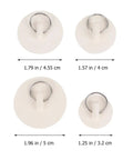 4pcs White Rubber Bathtub Stopper with Hanging Ring for Sink Drains, showcasing size variations and design details.