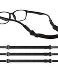 No Tail Adjustable Glasses Strap For Kids And Adults That Stays Put And Keeps Sunglasses From Slipping Around Your Neck Silicone Eyewear Holder Black 3 Pack, with glasses attached.