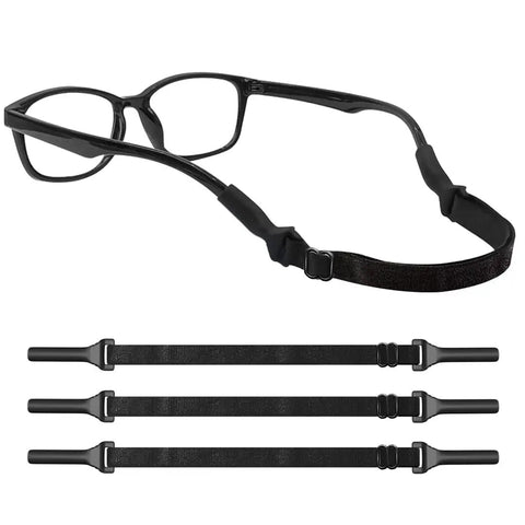 No Tail Adjustable Glasses Strap For Kids And Adults That Stays Put And Keeps Sunglasses From Slipping Around Your Neck Silicone Eyewear Holder Black 3 Pack, with glasses attached.